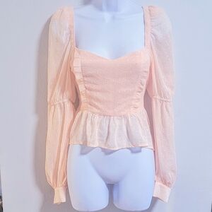 M ACOA Baby Pink Coquette Babydoll Cropped Milkmaid Peplum Fairy Sheer Sleeves